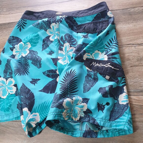 Maui Sons Men Blue Hawaiian Floral Swim Trunks Size 34 Board Shorts Pool Beach - Picture 7 of 8